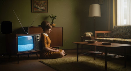 Young woman sitting on the floor in front of a television watching a movieの素材