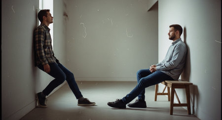 Depressed man sitting on the floor and talking to his psychologist.の素材