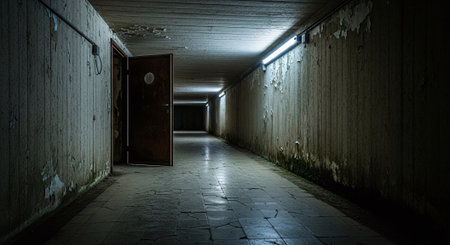Abandoned corridor with old doors and light at night. Long exposureの素材
