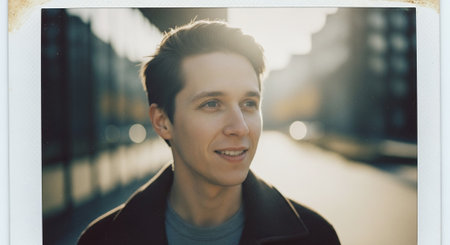 Portrait of a handsome young man standing in an urban street.の素材