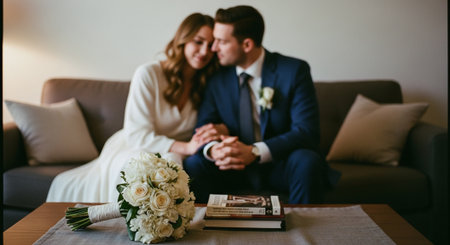 Wedding couple sitting on sofa in living room at home.の素材