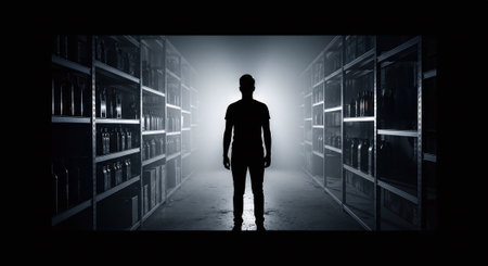 Silhouette of businessman standing in front of door in dark officeの素材