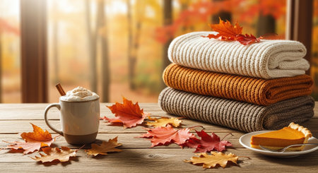 Cozy autumn still life with cup of hot cocoa, stack of knitted sweaters and autumn leaves on wooden tableの素材