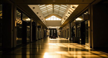 Interior of a modern office building with a long corridor in the foregroundの素材