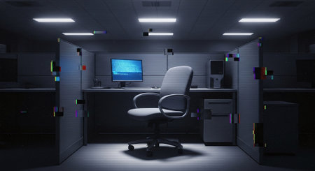 3D rendering of a futuristic office interior with a computer on the wallの素材