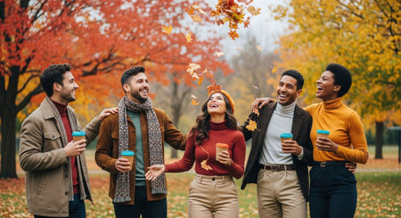 Group of multiethnic friends drinking coffee and talking in autumn parkの素材