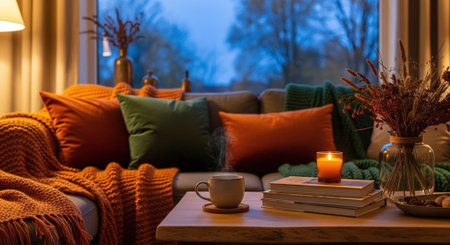 Cozy living room interior with comfortable sofa, coffee cup, knitted plaid, books and candles. Cozy winter evening.の素材