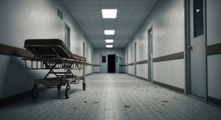 Empty hospital corridor with empty trolley. 3d render illustration.の素材