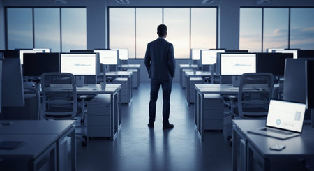Businessman in modern office interior looking at computer screens 3D renderingの素材