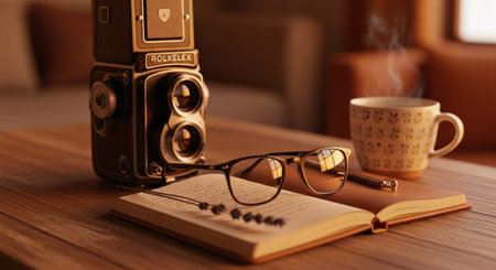 Retro camera, eyeglasses and coffee cup on wooden tableの素材