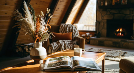 Cozy living room interior with sofa, coffee cup and book.の素材