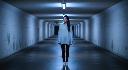 Young woman walking in a dark corridor, illuminated by led lights.の素材