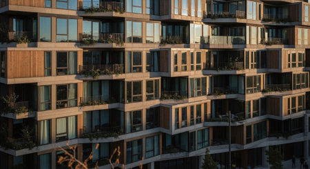 Windows of a modern apartment building with balconies in the evening.の素材