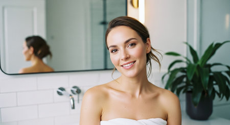 cheerful young woman in towel looking at camera and smiling in bathroomの素材