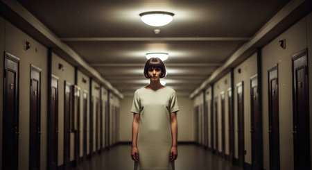 Young woman in a corridor of a hospital. Healthcare and medicine.の素材