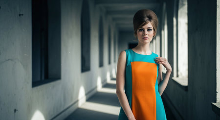Beautiful young woman in an orange dress posing in a dark corridorの素材