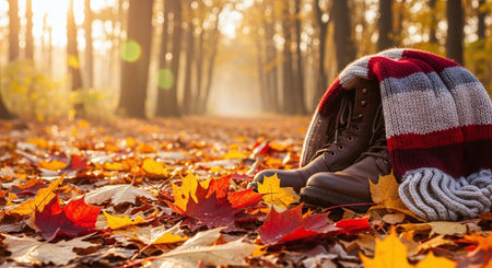 Autumn background with boots, scarf and maple leaves in the parkの素材