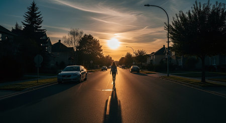 Sunset on the streets of the city. A man walks along the road.の素材