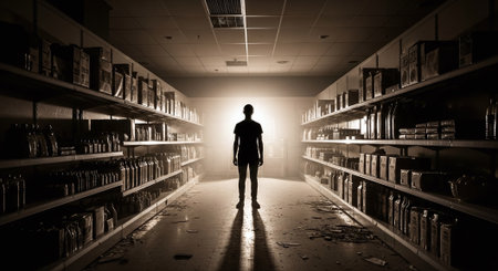 Silhouette of a man standing in a library. Mixed mediaの素材