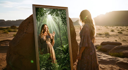 Beautiful young woman in long dress looking in the mirror at sunsetの素材