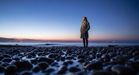 Young woman standing on a pebble beach by the sea at duskの素材