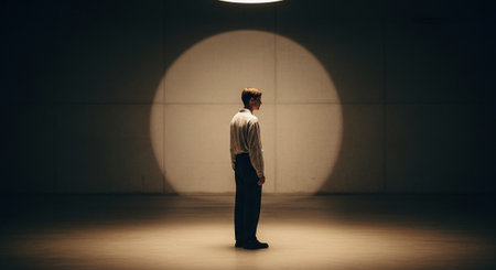 Young businessman standing in front of a wall with light coming from aboveの素材