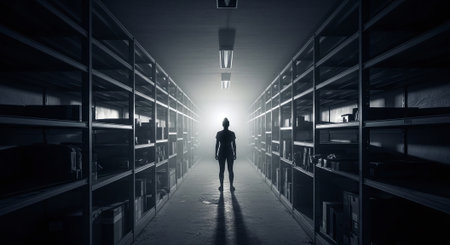 Silhouette of a man standing in a library. Mixed mediaの素材