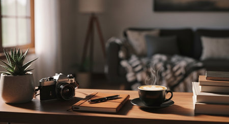 Cup of coffee with book and camera on wooden table in roomの素材