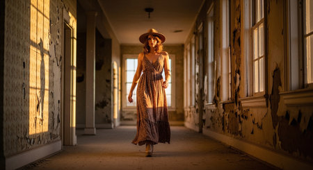 Beautiful young woman in a long dress and a cowboy hat walking in the old buildingの素材