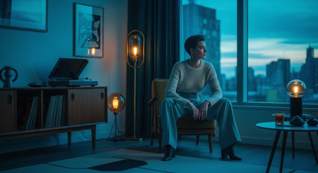 Woman sitting on chair in living room at night and looking through windowの素材