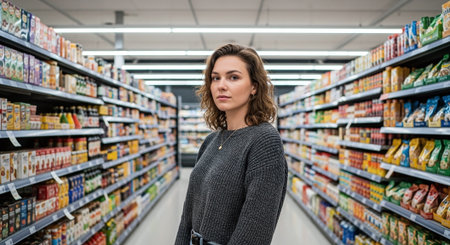 Portrait of a beautiful young woman looking at camera while standing in supermarket aisleの素材