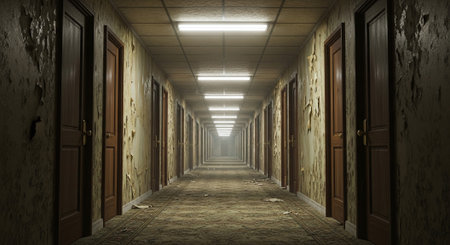 3D render of a corridor in an abandoned building with wooden doorsの素材