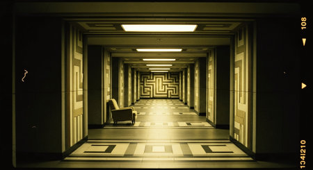 3D rendering of a hallway in a science fiction building with a light glowの素材