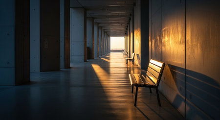 Empty bench in the corridor of a modern building. 3d renderingの素材
