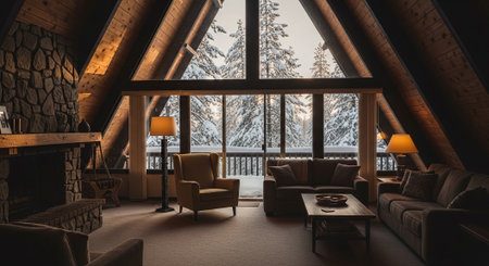 Interior of a wooden house in the mountains. 3d renderingの素材