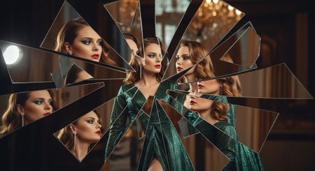 Beautiful young women with makeup and hairstyle in a green dress posing in the mirrorの素材