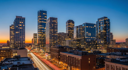 Boston downtown skyline at dusk, Massachusetts, United States of America.の素材