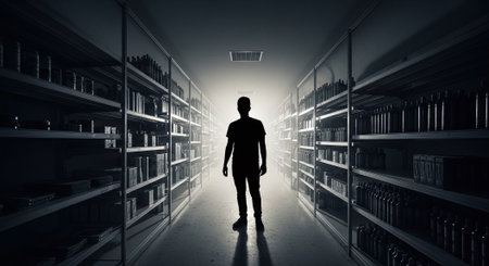 Silhouette of a businessman standing in the middle of a libraryの素材