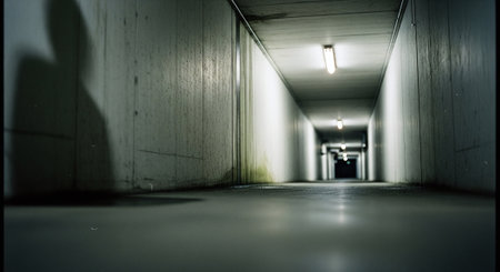 A long corridor in an underground passage with a light coming from the endの素材