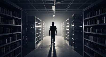 Silhouette of businessman walking in the library. 3d renderingの素材