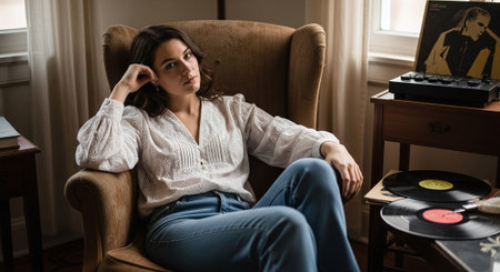 Young woman sitting in armchair and listening to vinyl record at homeの素材