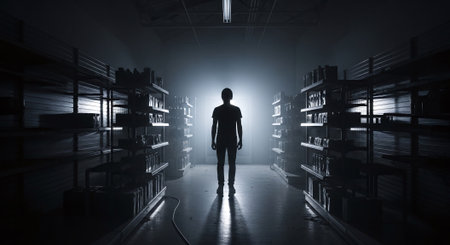 Silhouette of businessman walking in dark warehouse with glowing lights. Mixed mediaの素材
