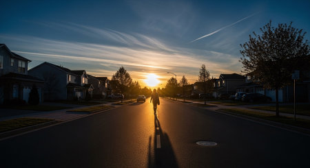 Silhouette of a man walking along a street at sunset.の素材