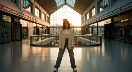 Young businesswoman walking in the lobby of an office building at sunsetの素材