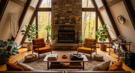 Interior of a cozy living room with a fireplace and armchairsの素材