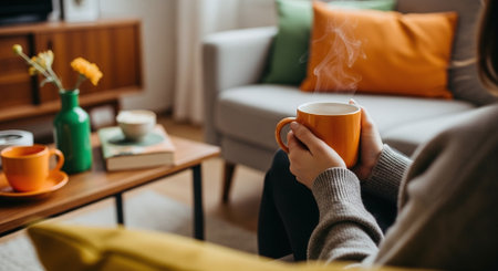 cropped shot of woman holding cup of coffee while sitting on sofa at homeの素材