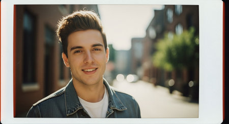 Portrait of handsome young man in jeans jacket looking at camera outdoorsの素材