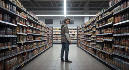 A young man in a supermarket looking for a bottle of whiskey.の素材