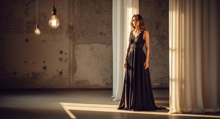 Beautiful young woman in a long evening dress in a vintage interiorの素材