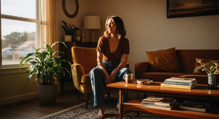 Attractive young woman sitting on the floor in the living room.の素材